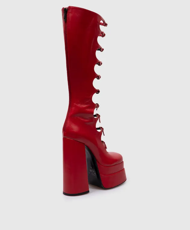 Babe Pay Pls Red leather boots with curly cutouts