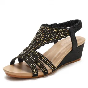 Bohemia Rhinestone Hollow Comfort Ankle Walking Shoes High Heels T-Strap Open Toe Dressy Summer Beach Ladies Gladiator Sandals