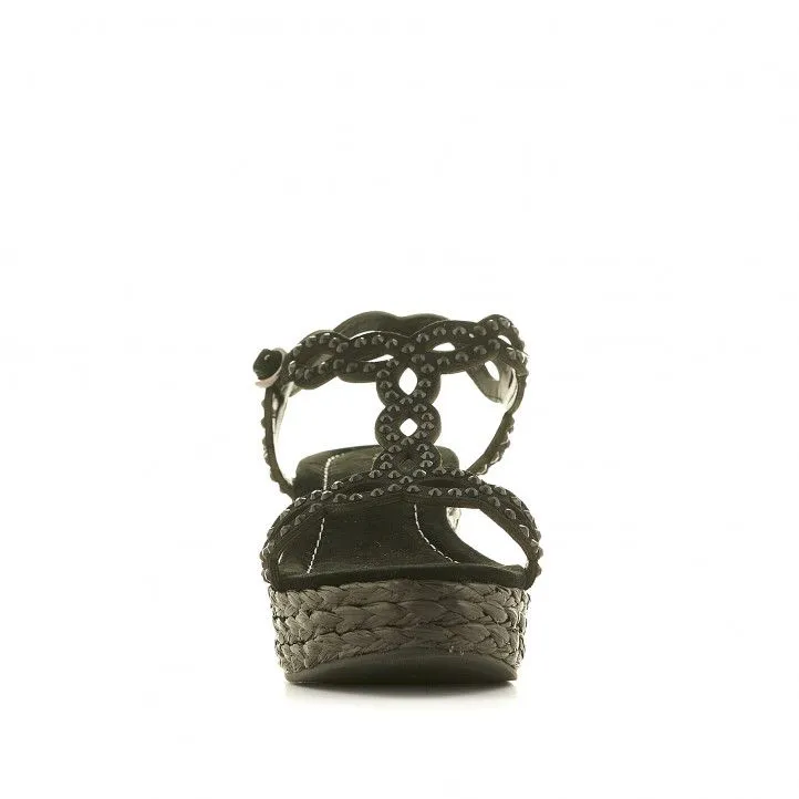 Sandalias cuña Alma en pena negras con detalles en forma de diamante